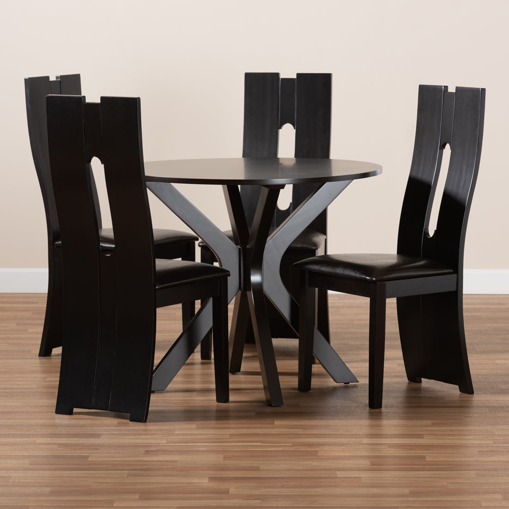 Cian Modern and Contemporary Dark Brown Faux Leather Upholstered and Dark Brown Finished Wood 5-Piece Dining Set
