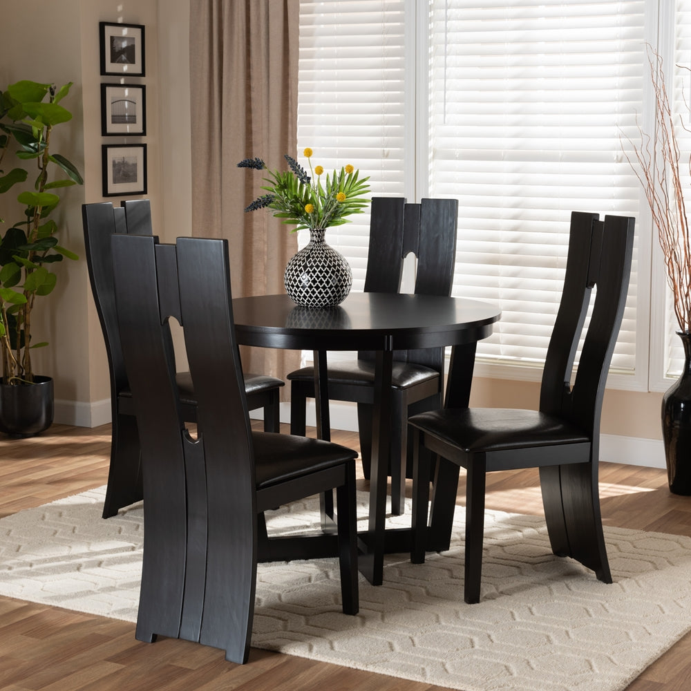 Sorley Modern and Contemporary Dark Brown Faux Leather Upholstered and Dark Brown Finished Wood 5-Piece Dining Set