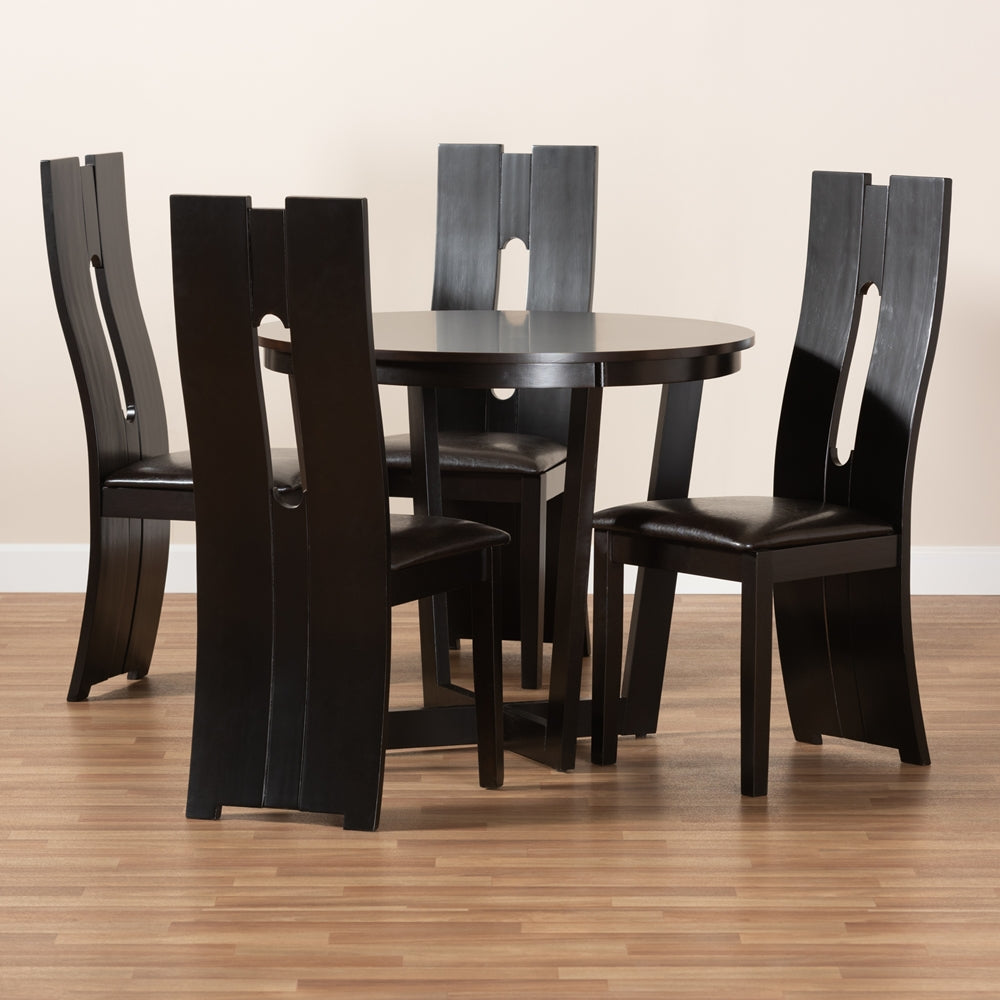 Sorley Modern and Contemporary Dark Brown Faux Leather Upholstered and Dark Brown Finished Wood 5-Piece Dining Set