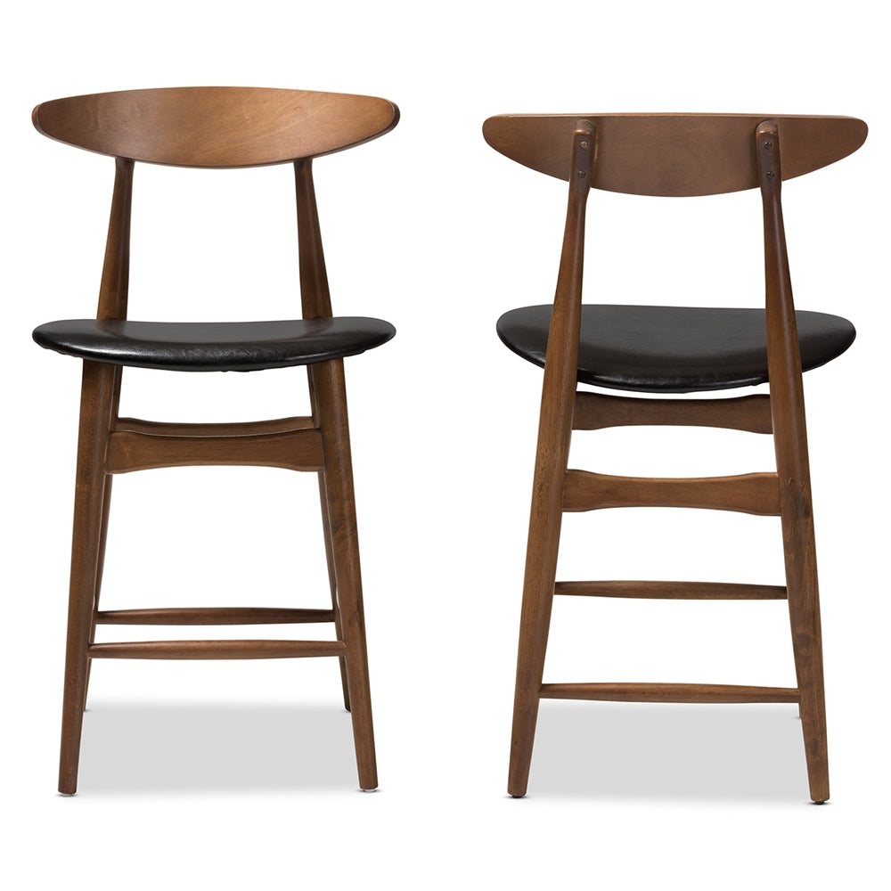 Flora Mid-Century Modern Black Faux Leather Upholstered Walnut Finished Counter Stool (Set of 2)