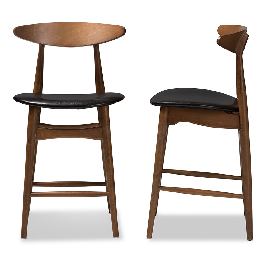 Flora Mid-Century Modern Black Faux Leather Upholstered Walnut Finished Counter Stool (Set of 2)