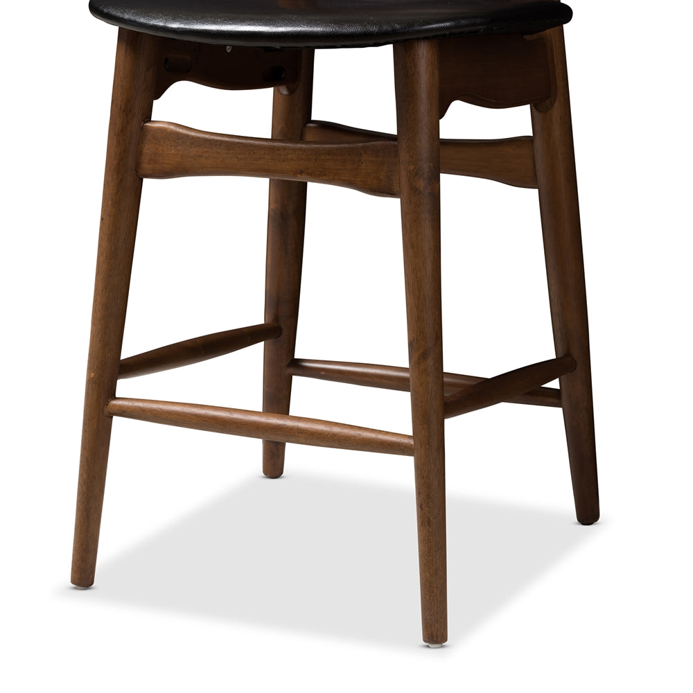 Flora Mid-Century Modern Black Faux Leather Upholstered Walnut Finished Counter Stool (Set of 2)