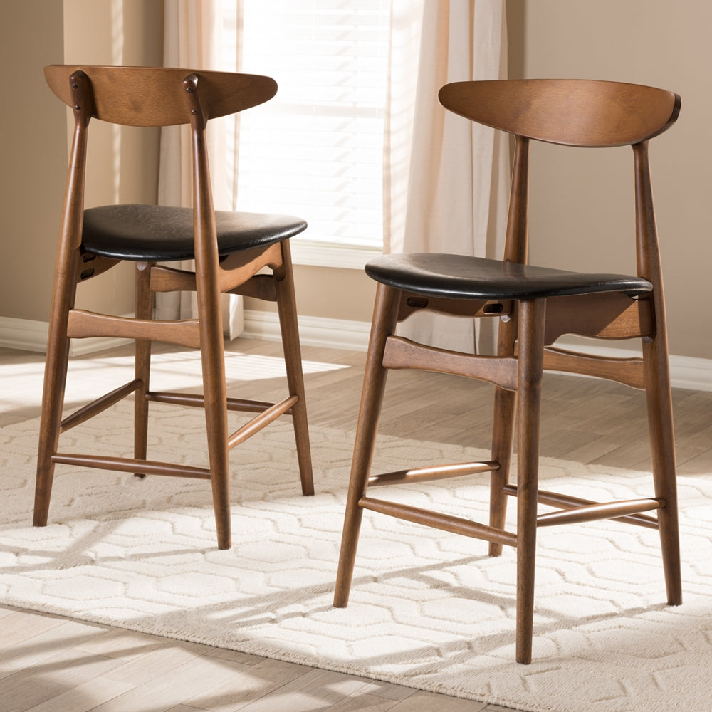 Flora Mid-Century Modern Black Faux Leather Upholstered Walnut Finished Counter Stool (Set of 2)