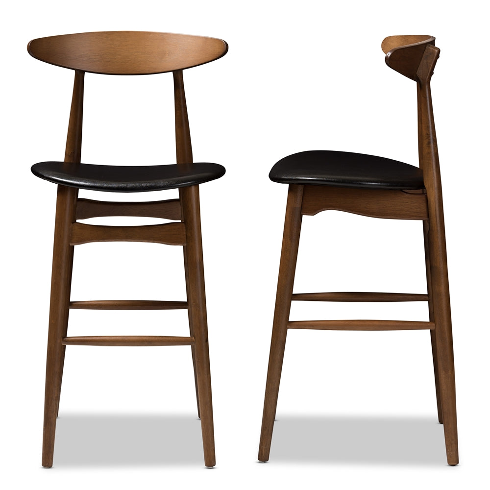 Flora Mid-Century Modern Black Faux Leather Upholstered Walnut Finished Bar Stool (Set of 2)