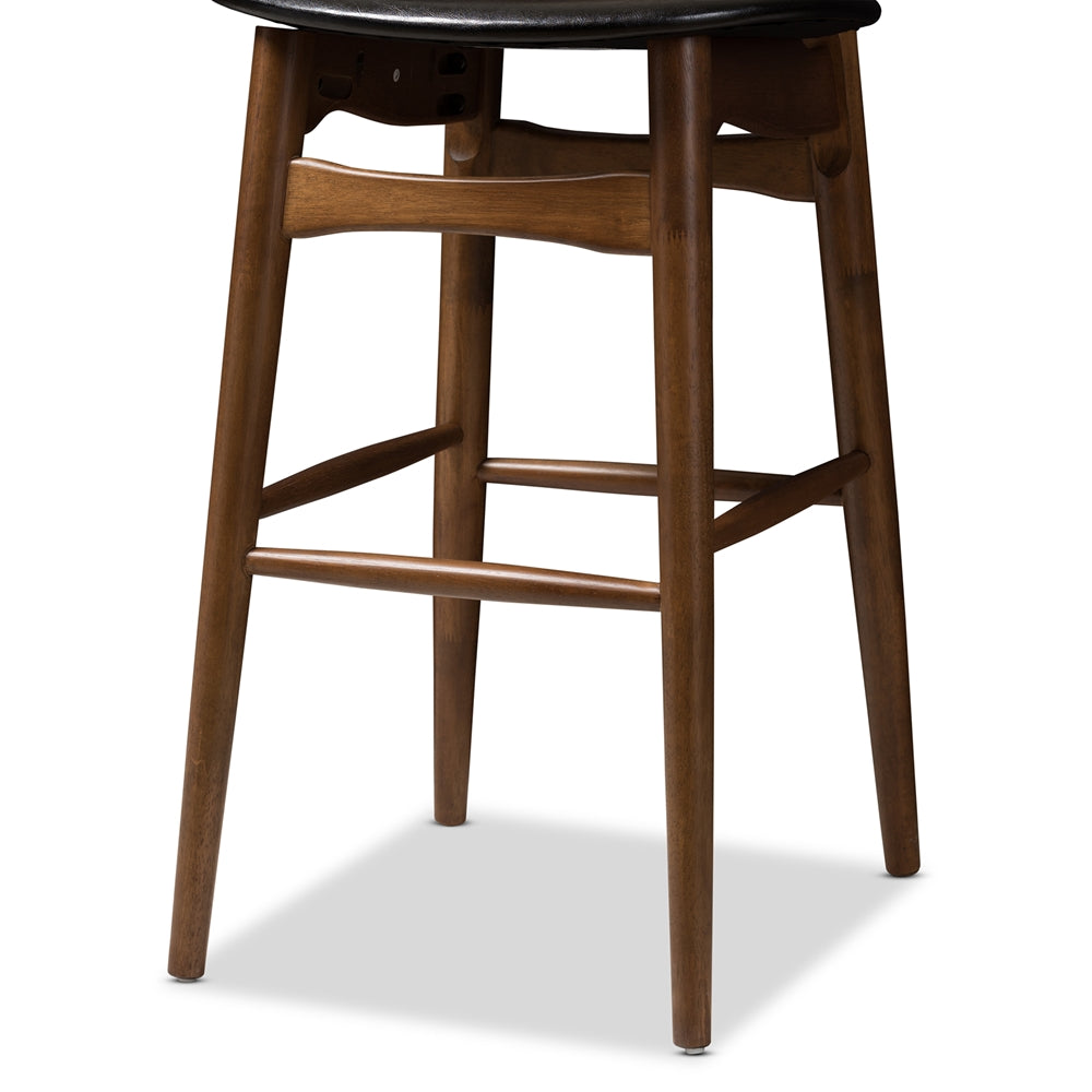 Flora Mid-Century Modern Black Faux Leather Upholstered Walnut Finished Bar Stool (Set of 2)
