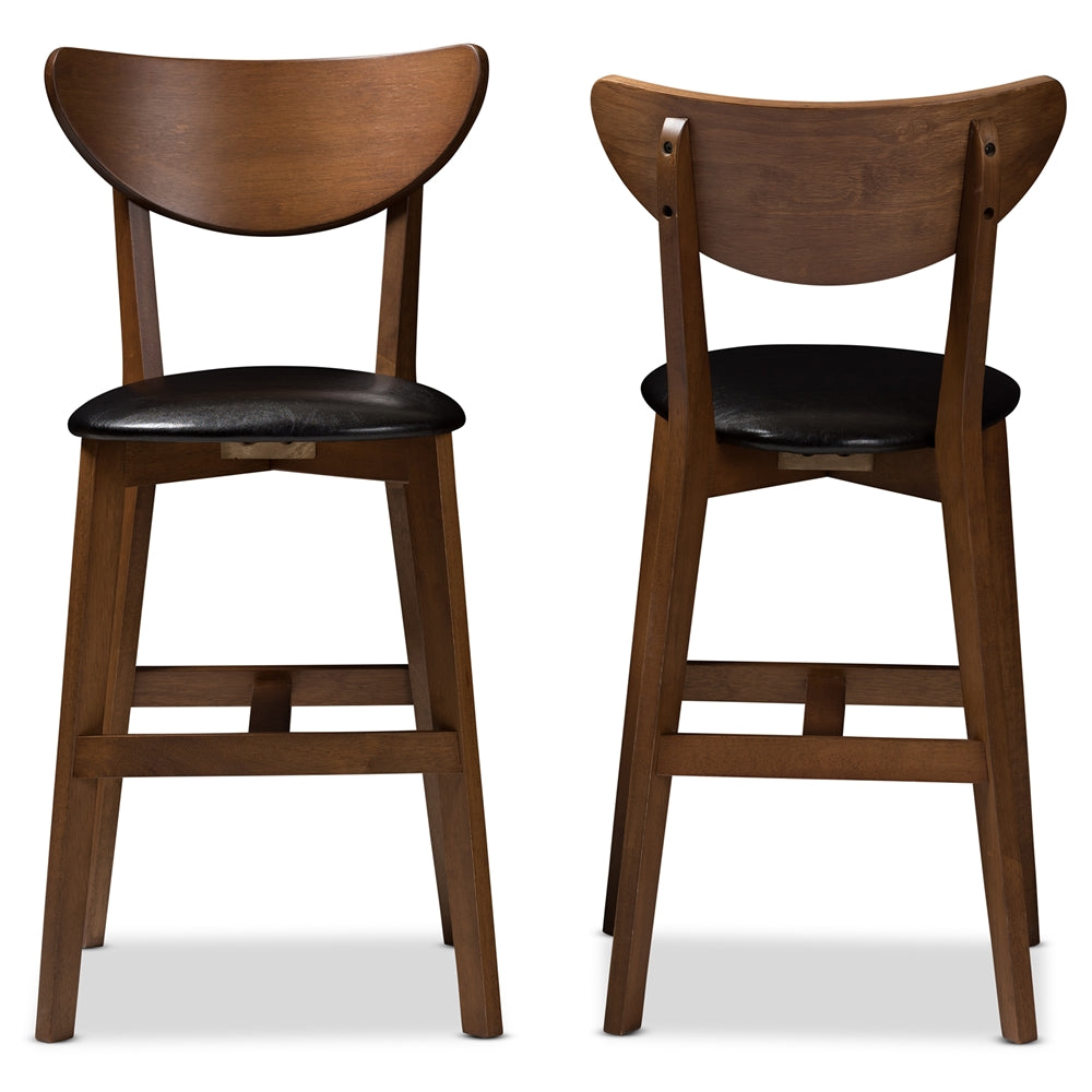 Eline Mid-Century Modern Black Faux Leather Upholstered Walnut Finished Counter Stool (Set of 2)