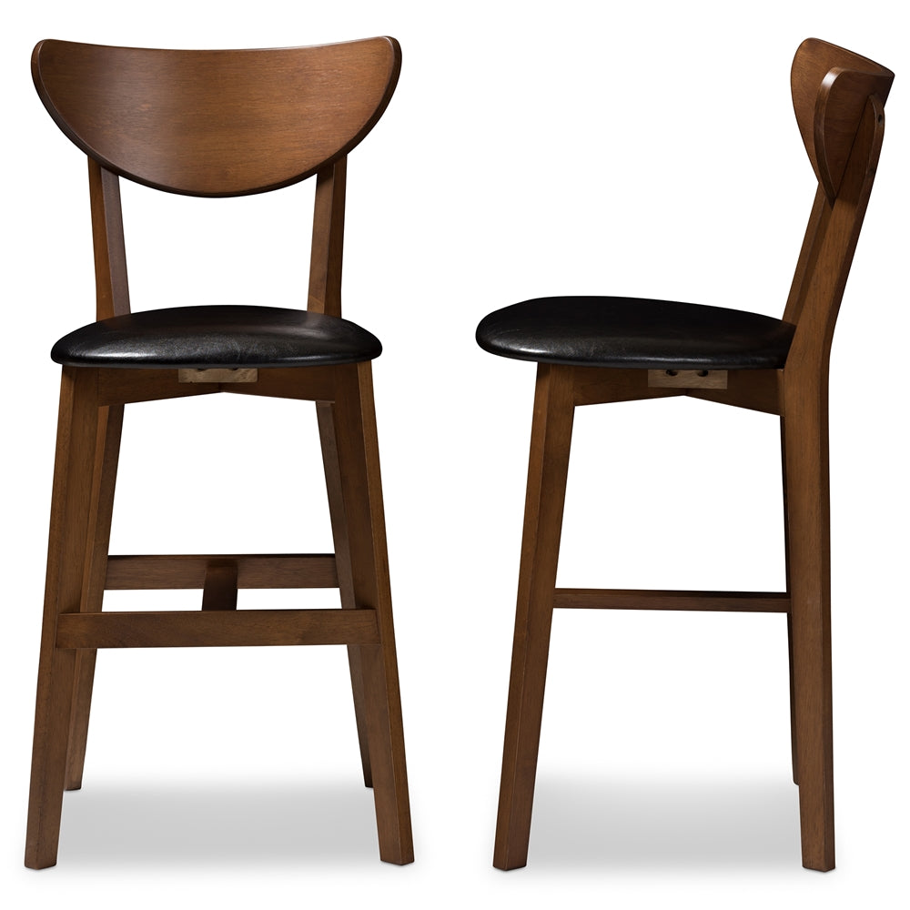 Eline Mid-Century Modern Black Faux Leather Upholstered Walnut Finished Counter Stool (Set of 2)