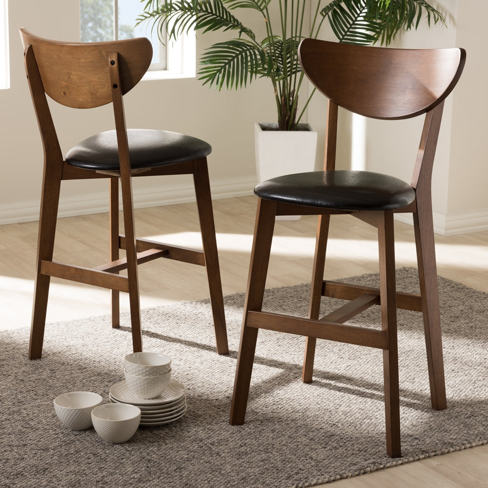 Eline Mid-Century Modern Black Faux Leather Upholstered Walnut Finished Counter Stool (Set of 2)