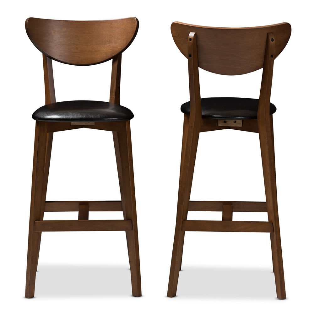 Eline Mid-Century Modern Black Faux Leather Upholstered Walnut Finished Bar Stool (Set of 2)