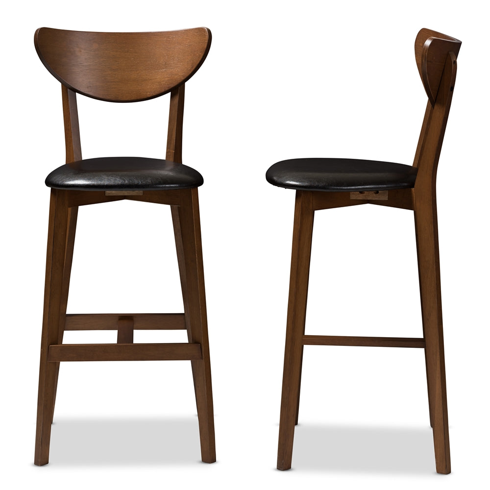 Eline Mid-Century Modern Black Faux Leather Upholstered Walnut Finished Bar Stool (Set of 2)