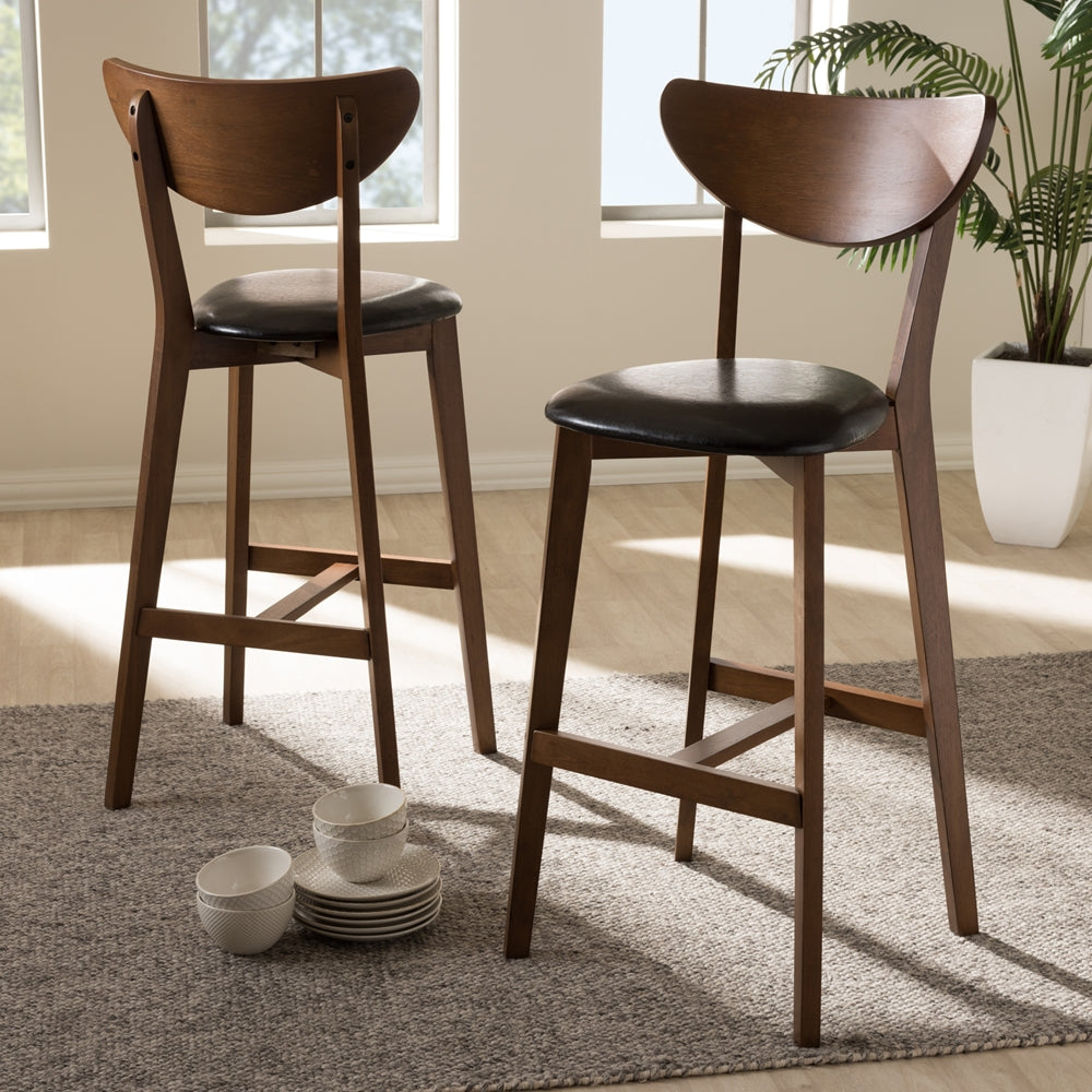Eline Mid-Century Modern Black Faux Leather Upholstered Walnut Finished Bar Stool (Set of 2)