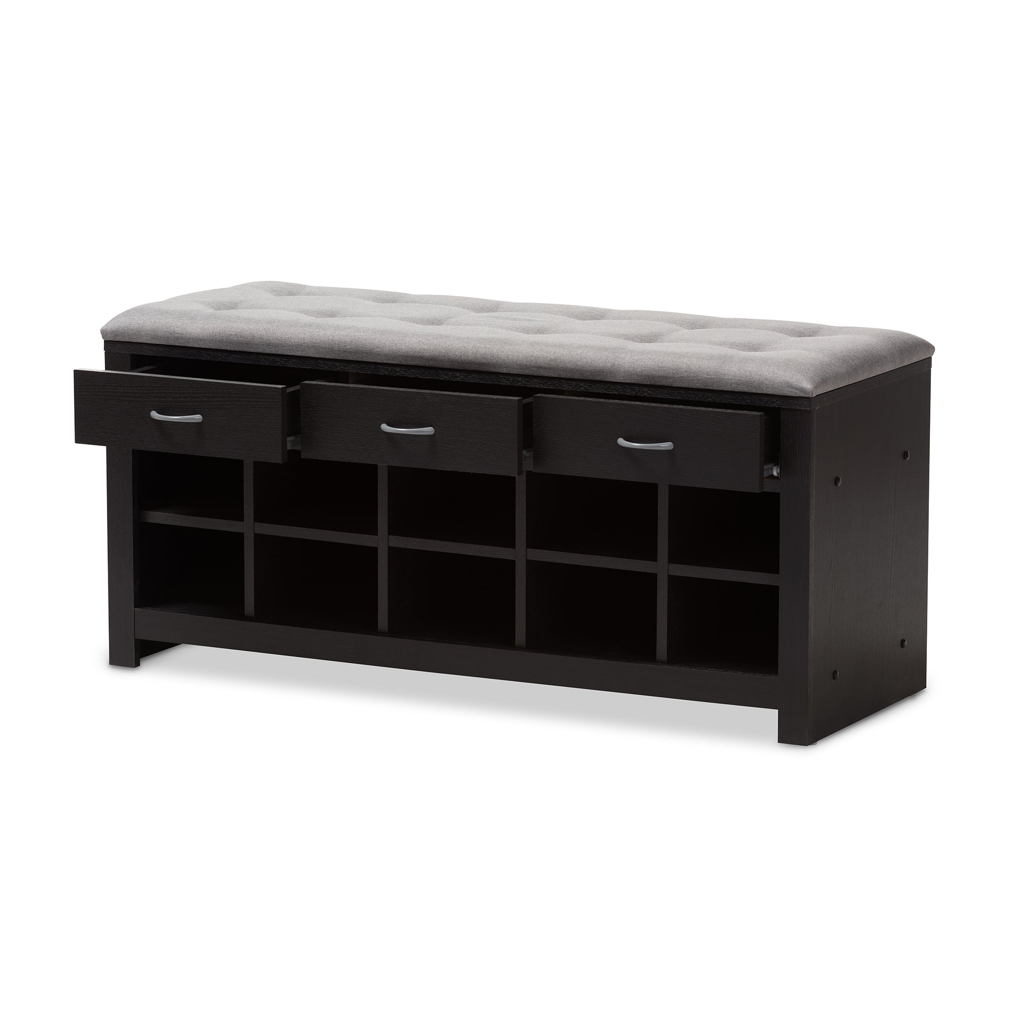 Modern and Contemporary Espresso Finished Grey Fabric Upholstered Cushioned Entryway Bench
