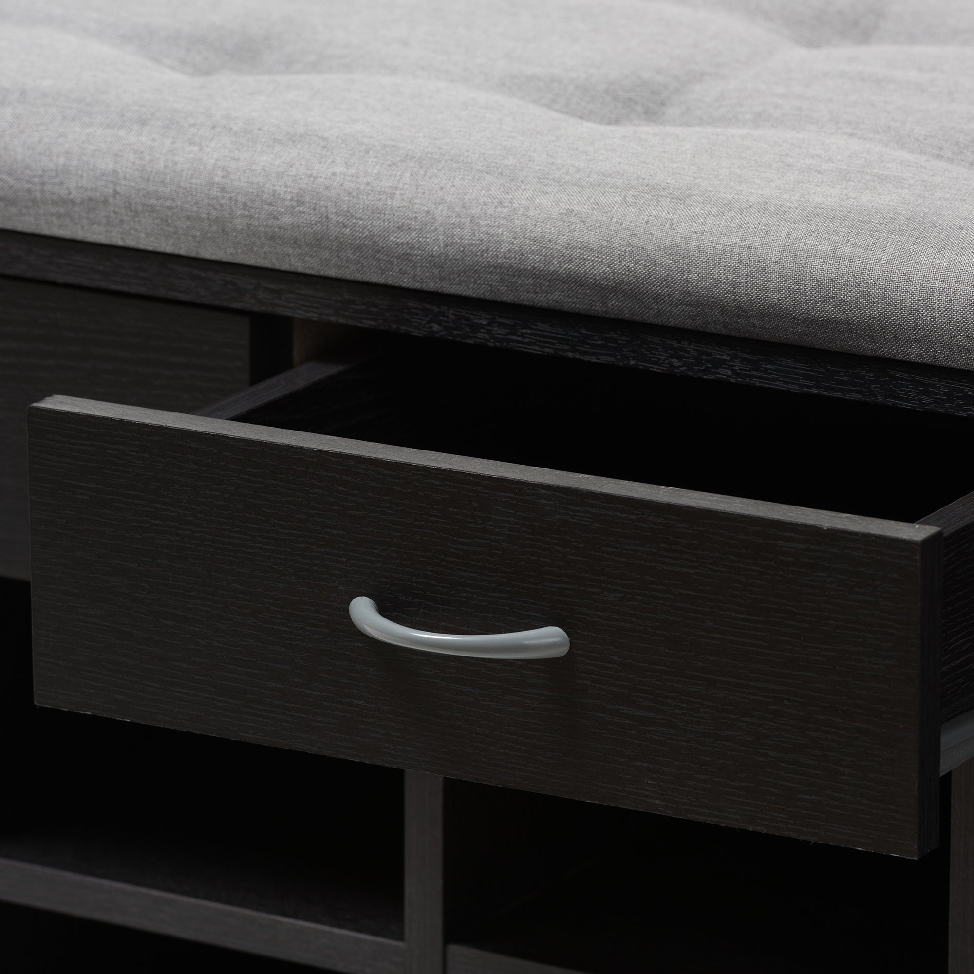 Modern and Contemporary Espresso Finished Grey Fabric Upholstered Cushioned Entryway Bench