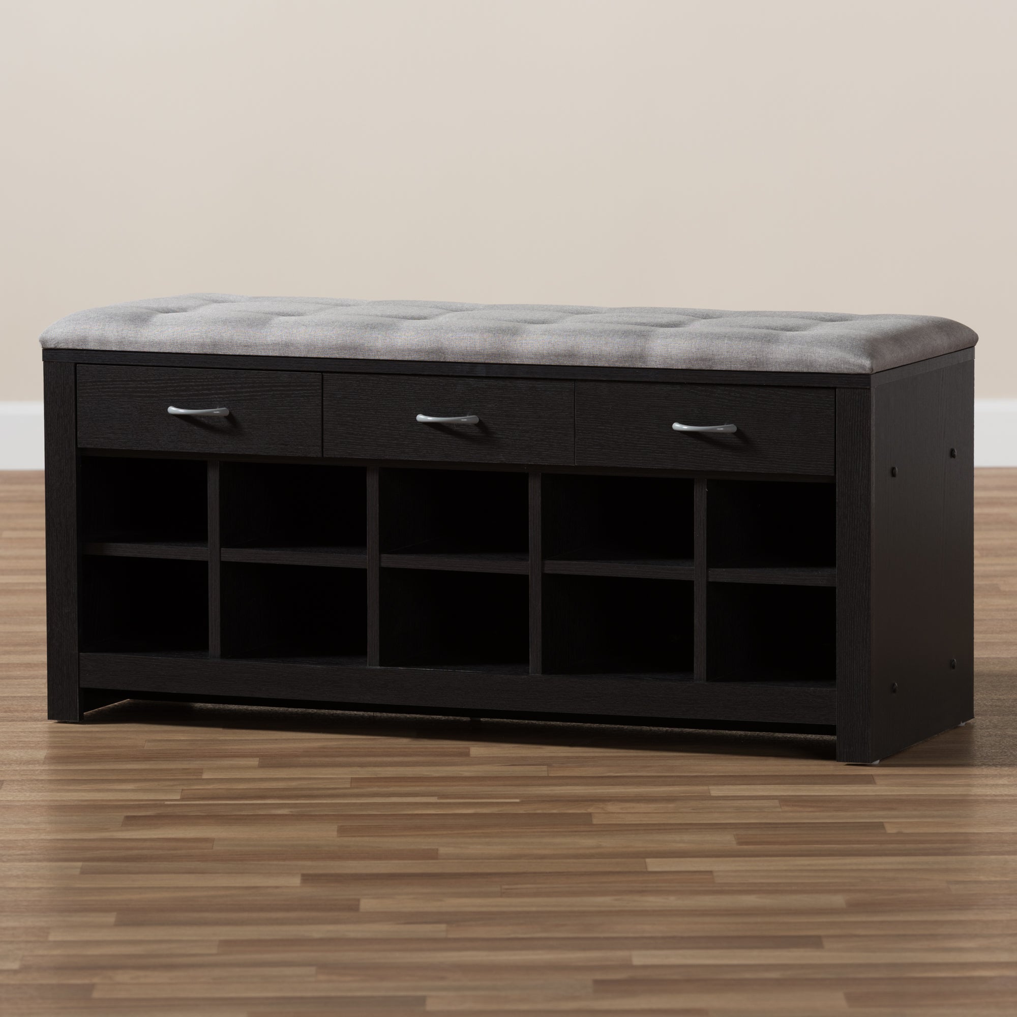 Modern and Contemporary Espresso Finished Grey Fabric Upholstered Cushioned Entryway Bench