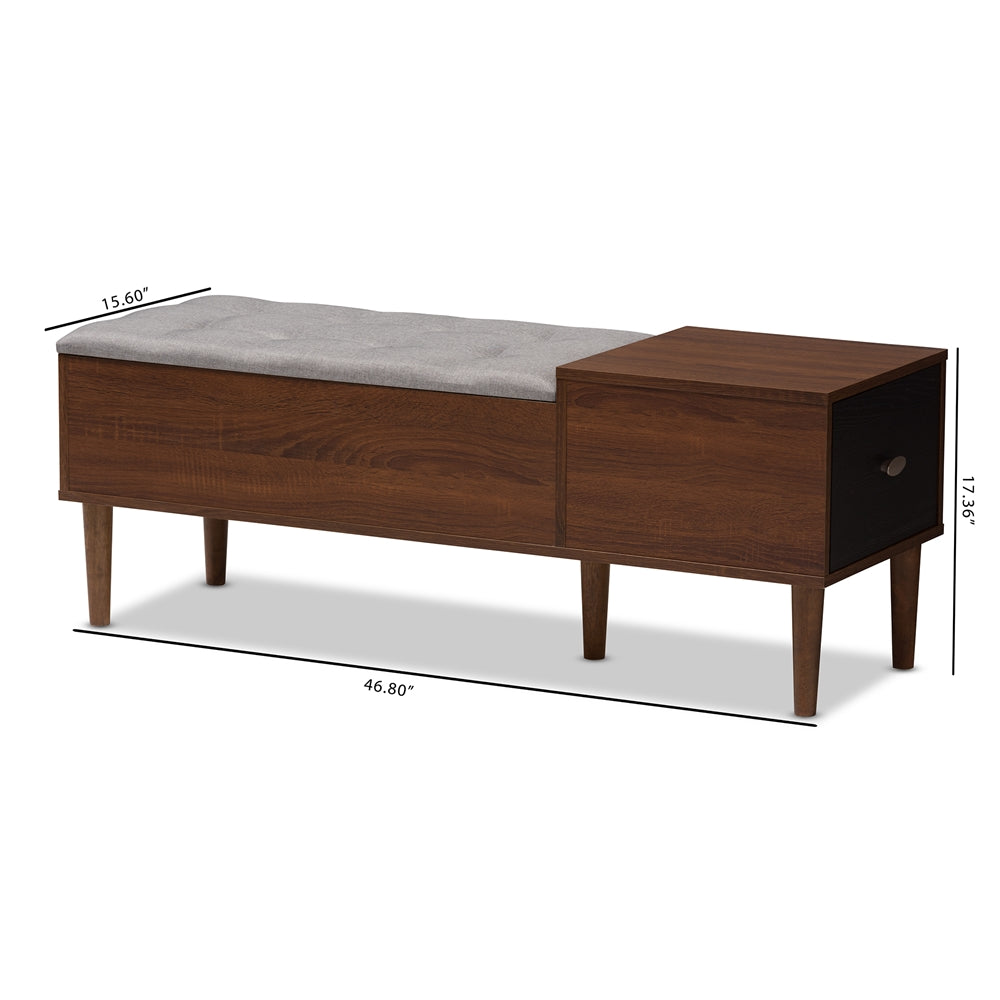Merrick Mid-century Retro Modern 1-drawer 2-tone Oak and Dark Brown Wood Entryway Storage Grey Fabric Cushioned Bench Shoe Rack Cabinet Organizer