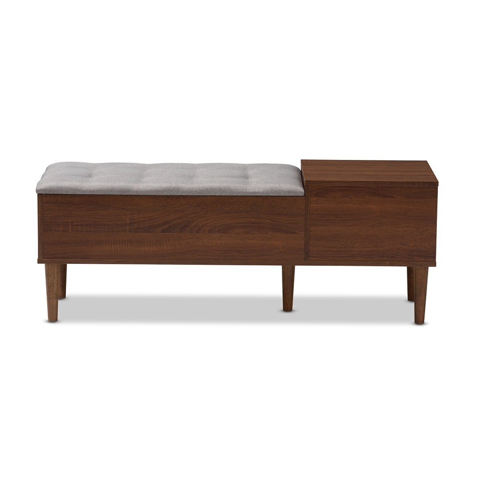 Merrick Mid-century Retro Modern 1-drawer 2-tone Oak and Dark Brown Wood Entryway Storage Grey Fabric Cushioned Bench Shoe Rack Cabinet Organizer