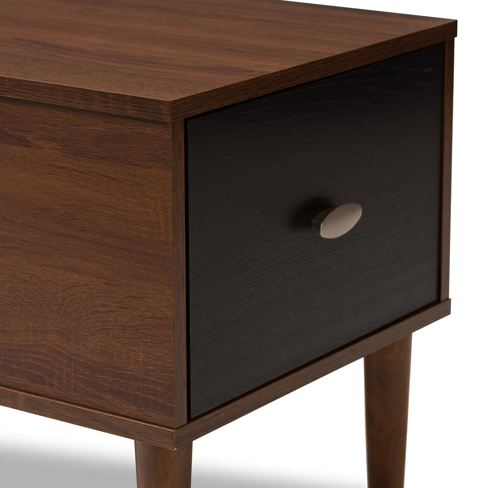 Merrick Mid-century Retro Modern 1-drawer 2-tone Oak and Dark Brown Wood Entryway Storage Grey Fabric Cushioned Bench Shoe Rack Cabinet Organizer