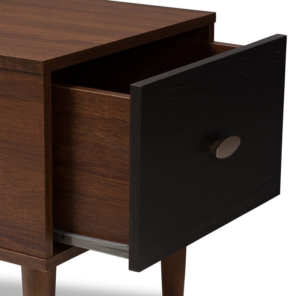 Merrick Mid-century Retro Modern 1-drawer 2-tone Oak and Dark Brown Wood Entryway Storage Grey Fabric Cushioned Bench Shoe Rack Cabinet Organizer