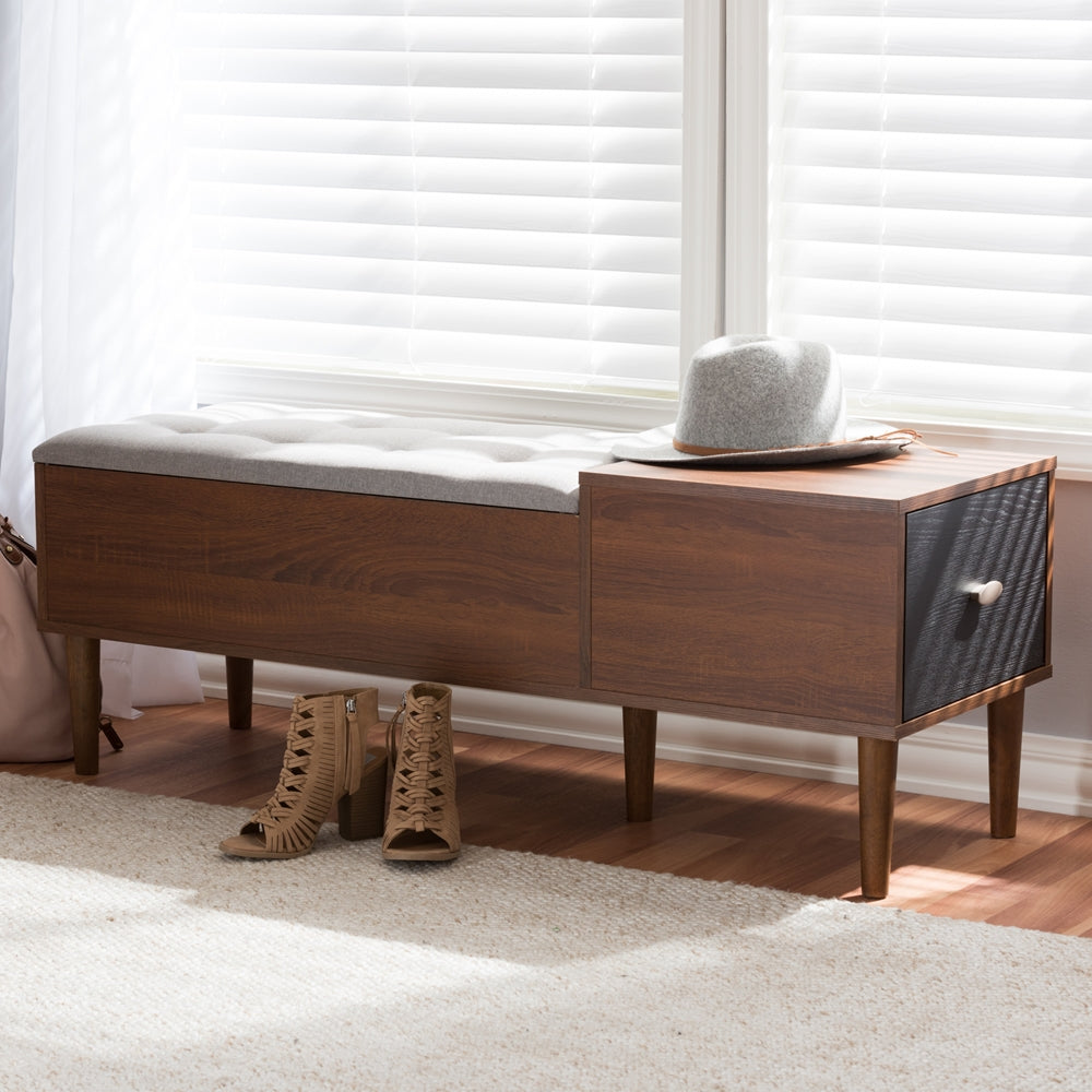 Merrick Mid-century Retro Modern 1-drawer 2-tone Oak and Dark Brown Wood Entryway Storage Grey Fabric Cushioned Bench Shoe Rack Cabinet Organizer