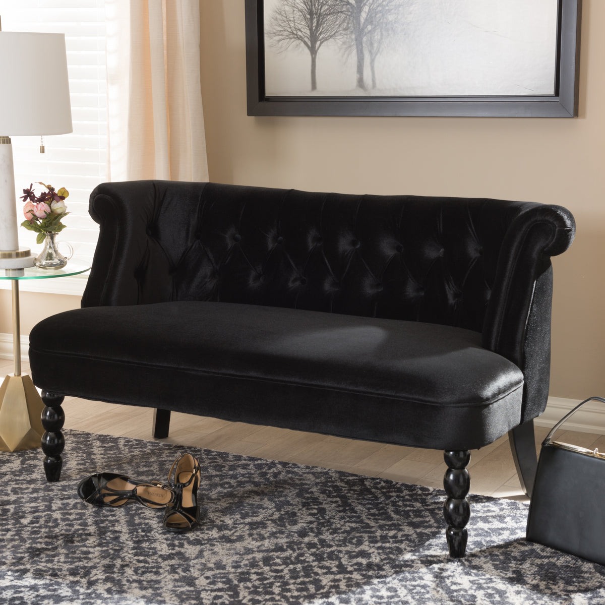 Flax Victorian Style Contemporary Black Velvet Fabric Upholstered 2-seater Loveseat