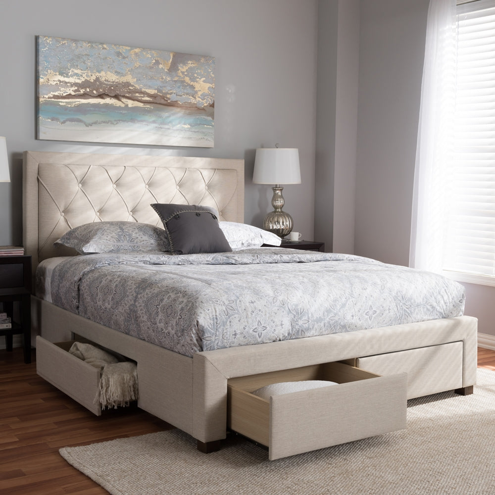 Aurelie Modern Light Beige Fabric Upholstered Queen Size Storage Bed