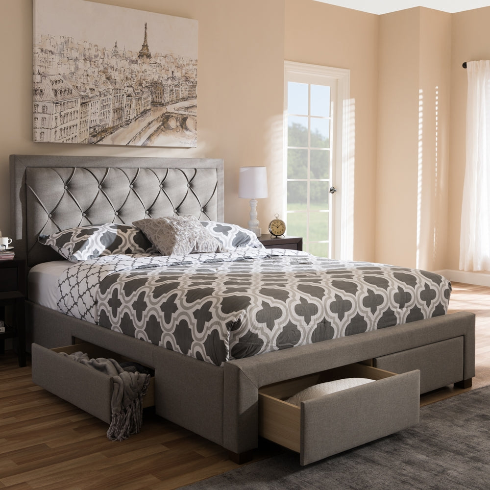 Aurelie Modern Light Grey Fabric Upholstered King Size Storage Bed
