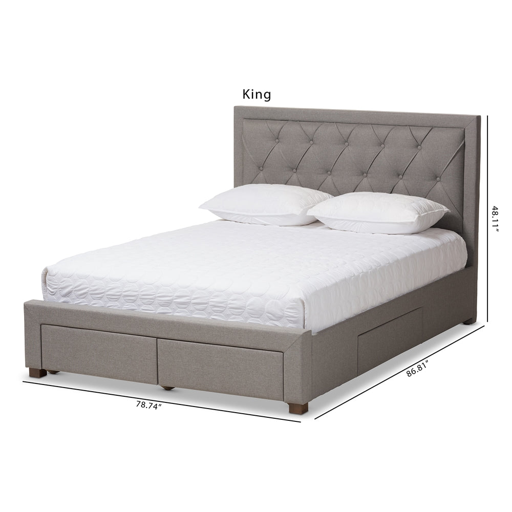 Aurelie Modern Light Grey Fabric Upholstered King Size Storage Bed
