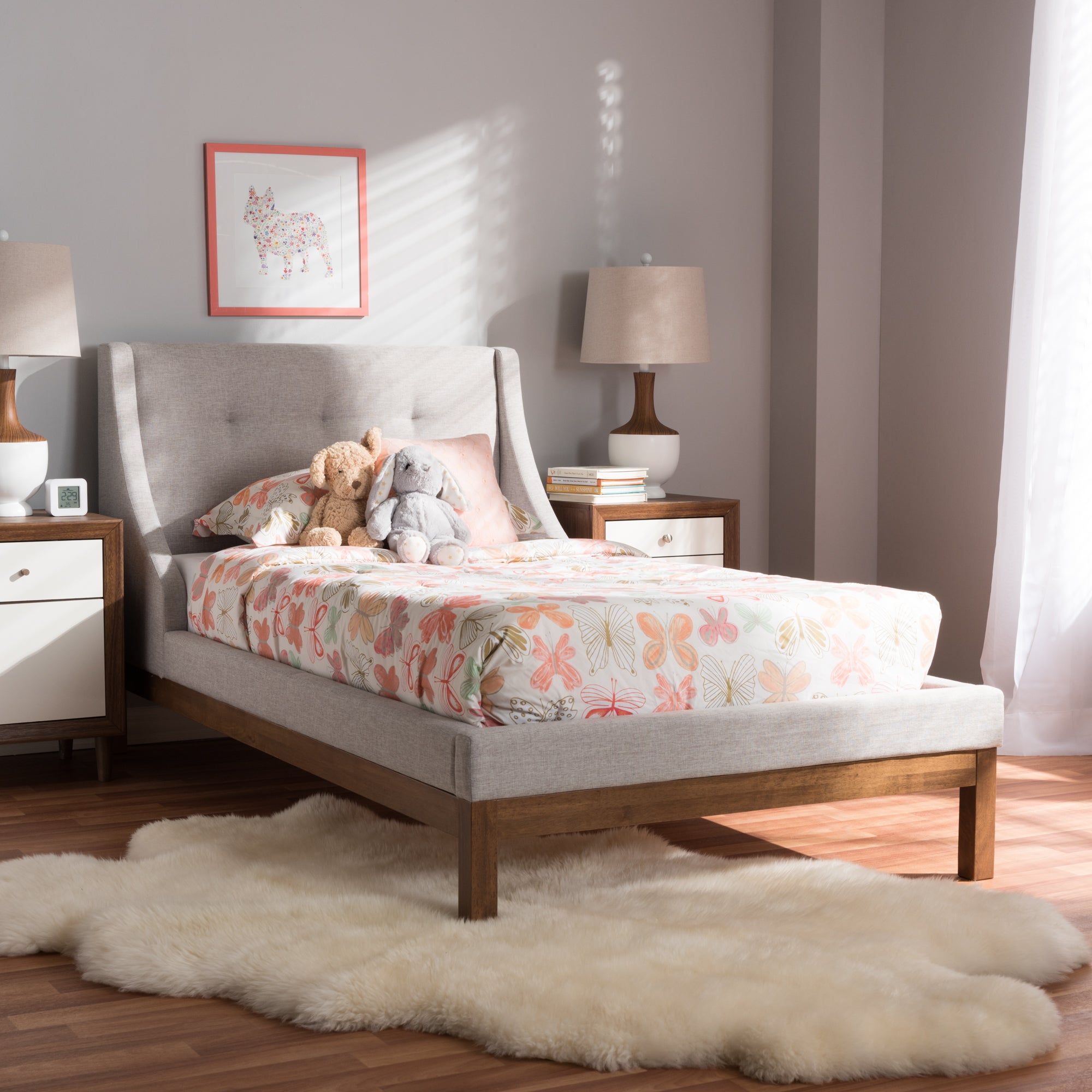Louvain Modern and Contemporary Greyish Beige Fabric Upholstered Walnut-Finished Twin Sized Platform Bed