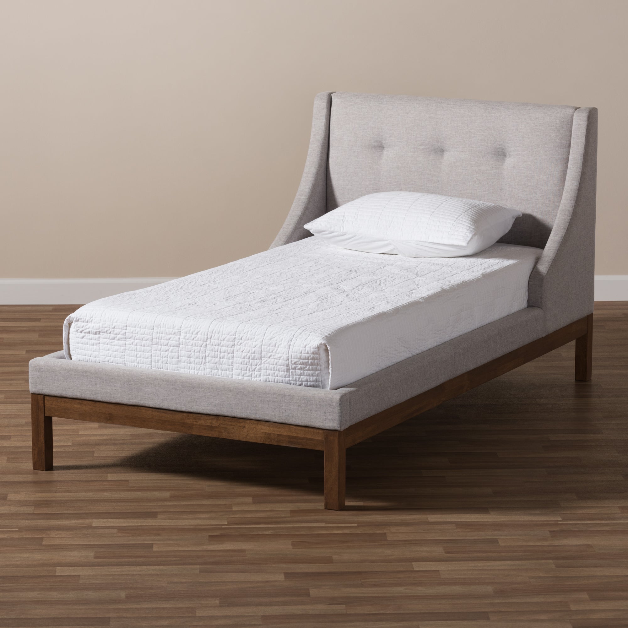 Louvain Modern and Contemporary Greyish Beige Fabric Upholstered Walnut-Finished Twin Sized Platform Bed