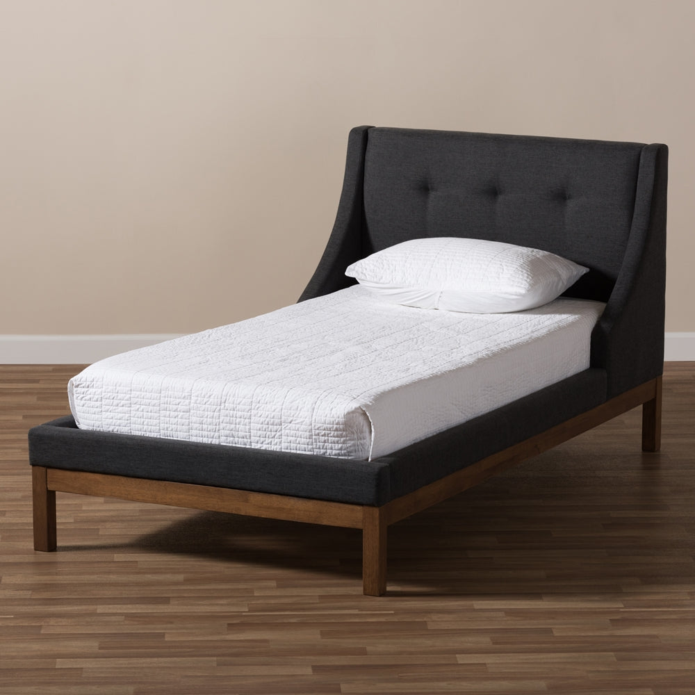 Louvain Dark Grey Fabric Upholstered Walnut-Finished Twin Sized Platform Bed