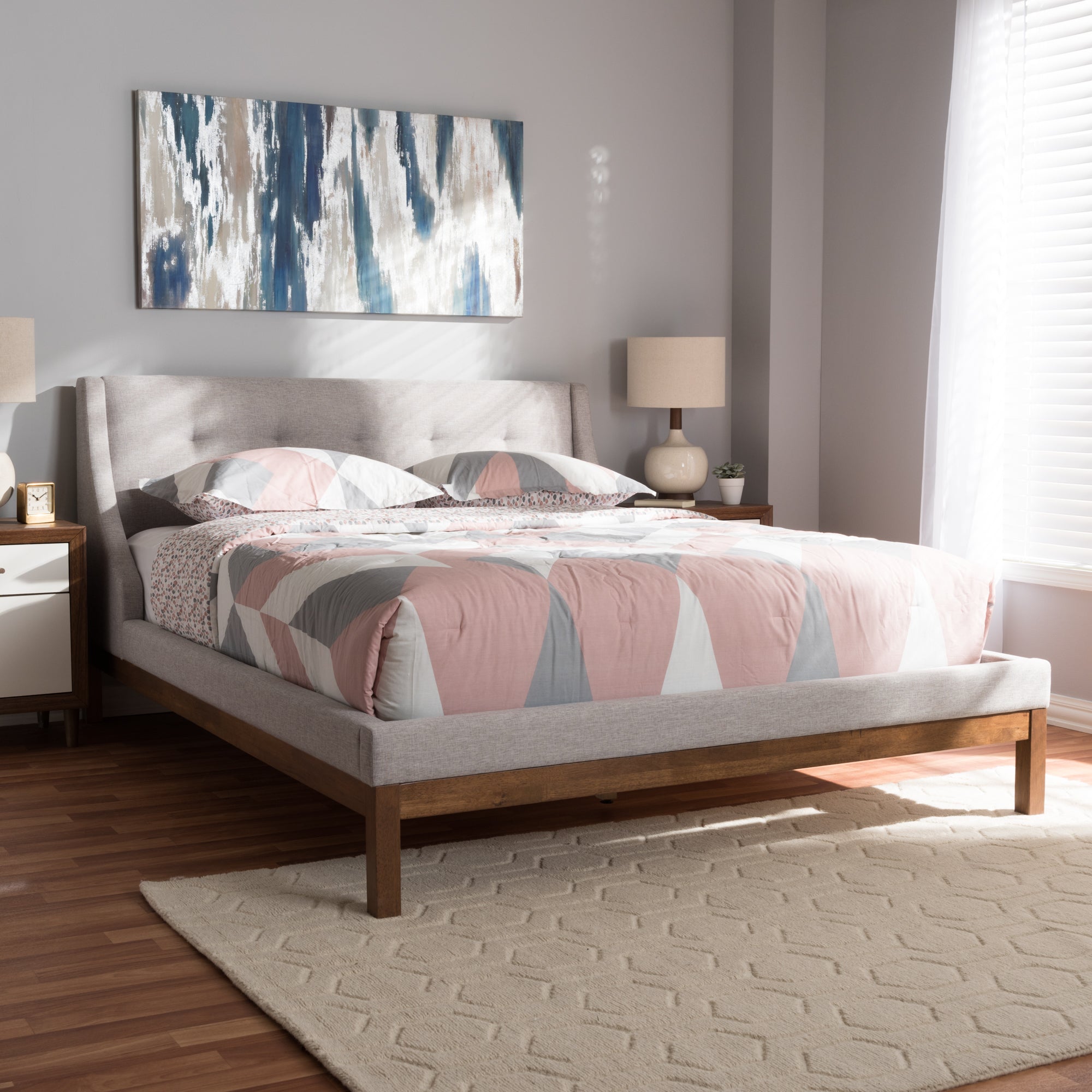 Louvain Modern and Contemporary Greyish Beige Fabric Upholstered Walnut-Finished Full Sized Platform Bed