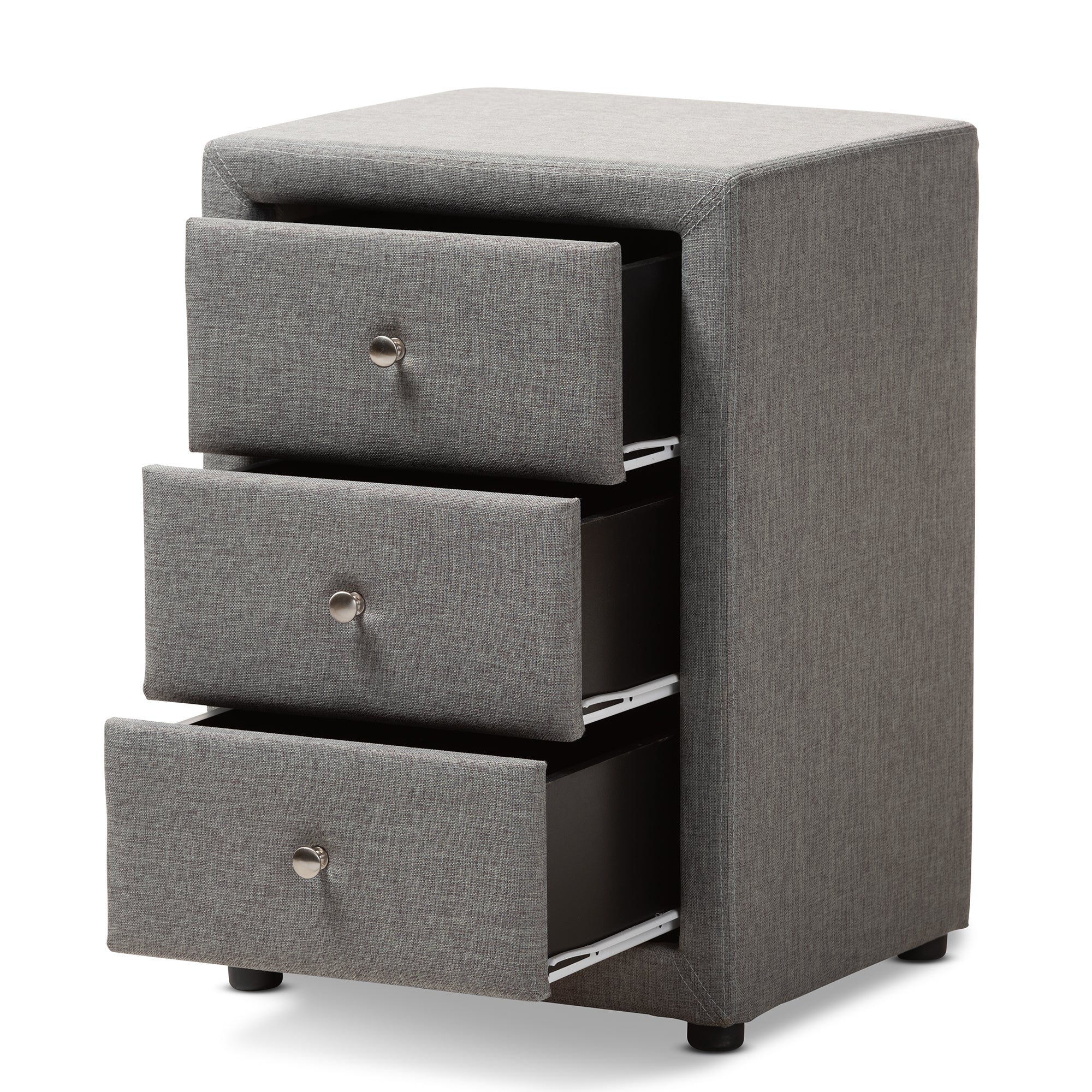Tessa Modern and Contemporary Grey Fabric Upholstered 3-Drawer Nightstand