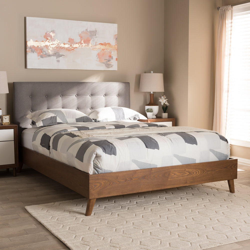 Eliana Alinia Retro Grey Fabric Upholstered Walnut Wood King Size Platform Bed