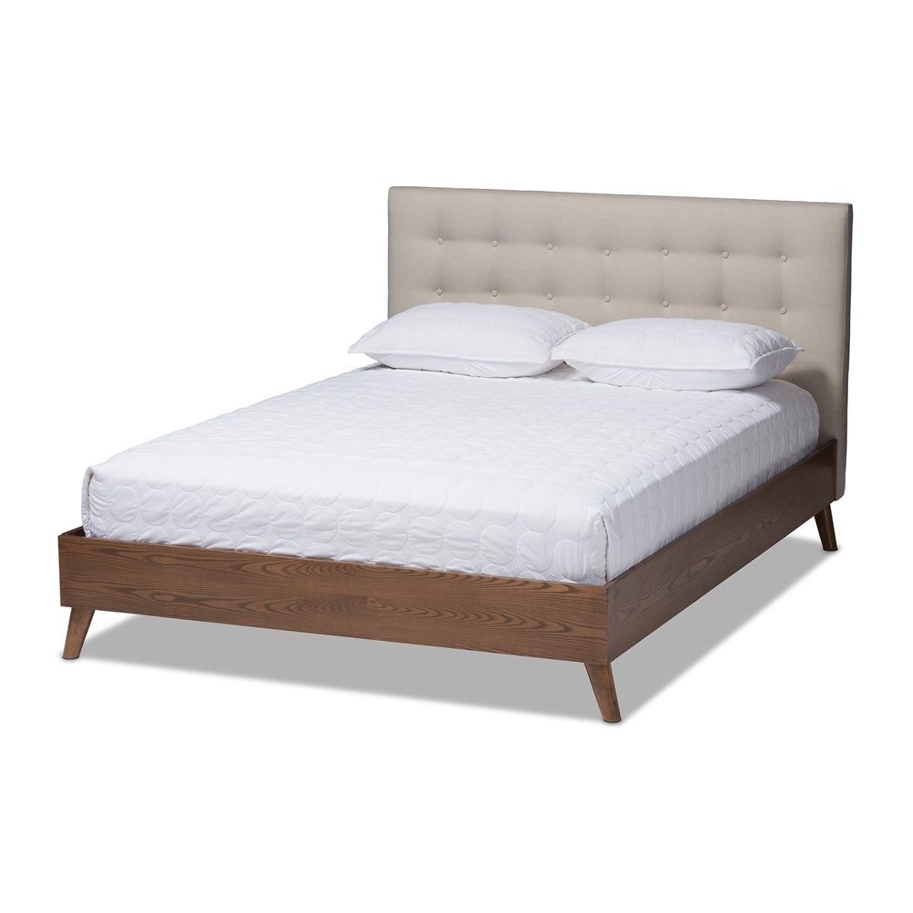 Eliana Alinia Retro Grey Fabric Upholstered Walnut Wood King Size Platform Bed