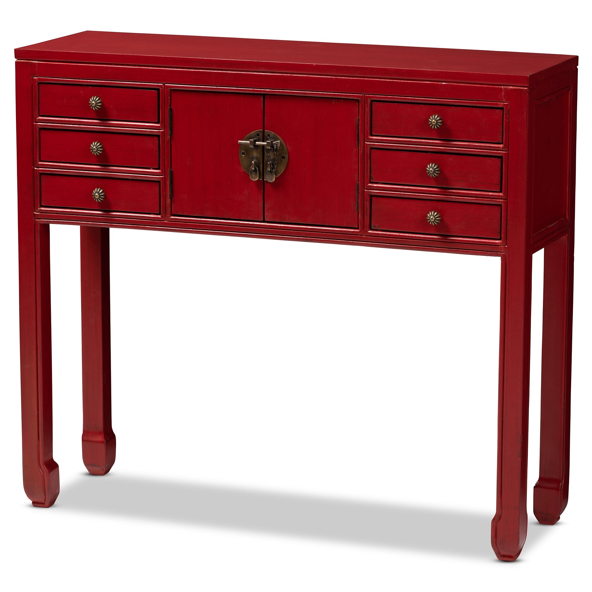 Melodie Classic and Antique Red Finished Wood Bronze Finished Accents 6-Drawer Console Table