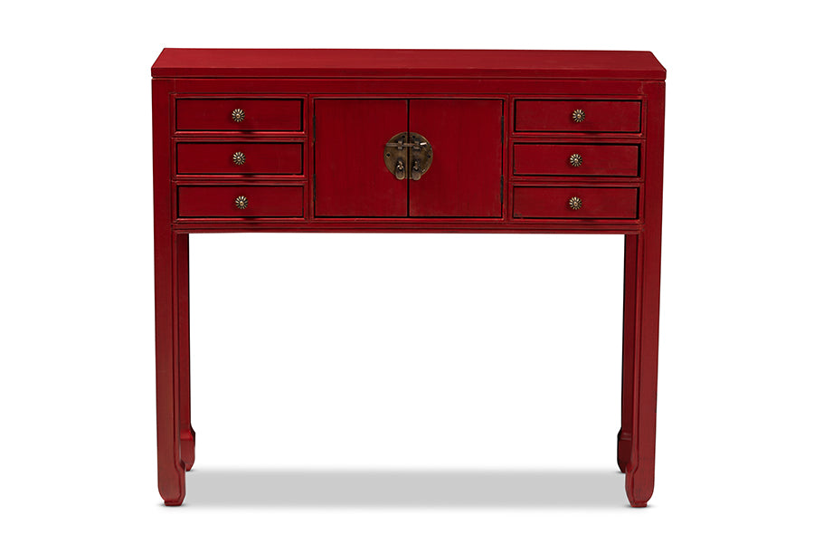 Melodie Classic and Antique Red Finished Wood Bronze Finished Accents 6-Drawer Console Table