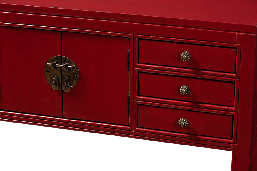 Melodie Classic and Antique Red Finished Wood Bronze Finished Accents 6-Drawer Console Table
