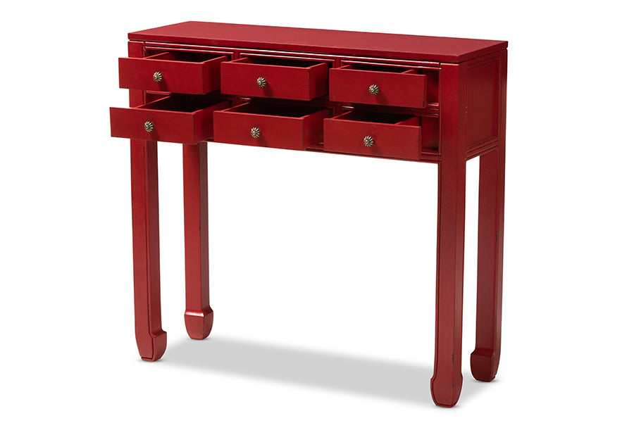 Pomme Classic and Antique Red Finished Wood Bronze Finished Accents 6-Drawer Console Table