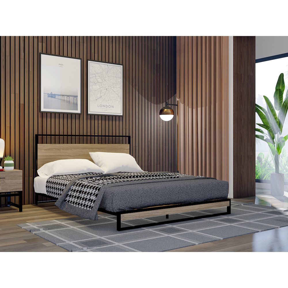 Rowan Wilson Queen Engineered Wood Platform Bed Black & Weathered Wood Low Profile Frame