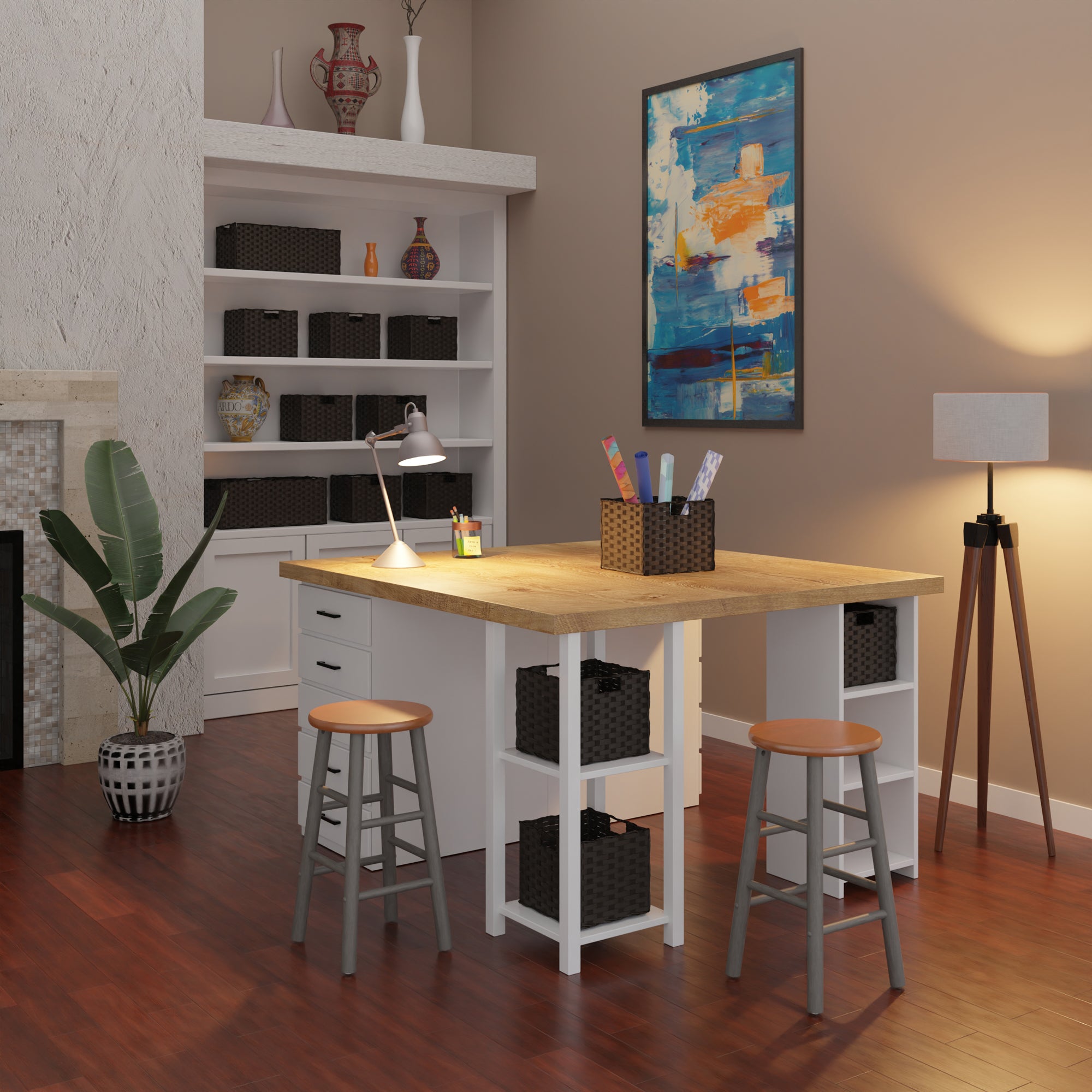 Huxton 2-Pc Counter Stool Set, Oyster Gray and Teak