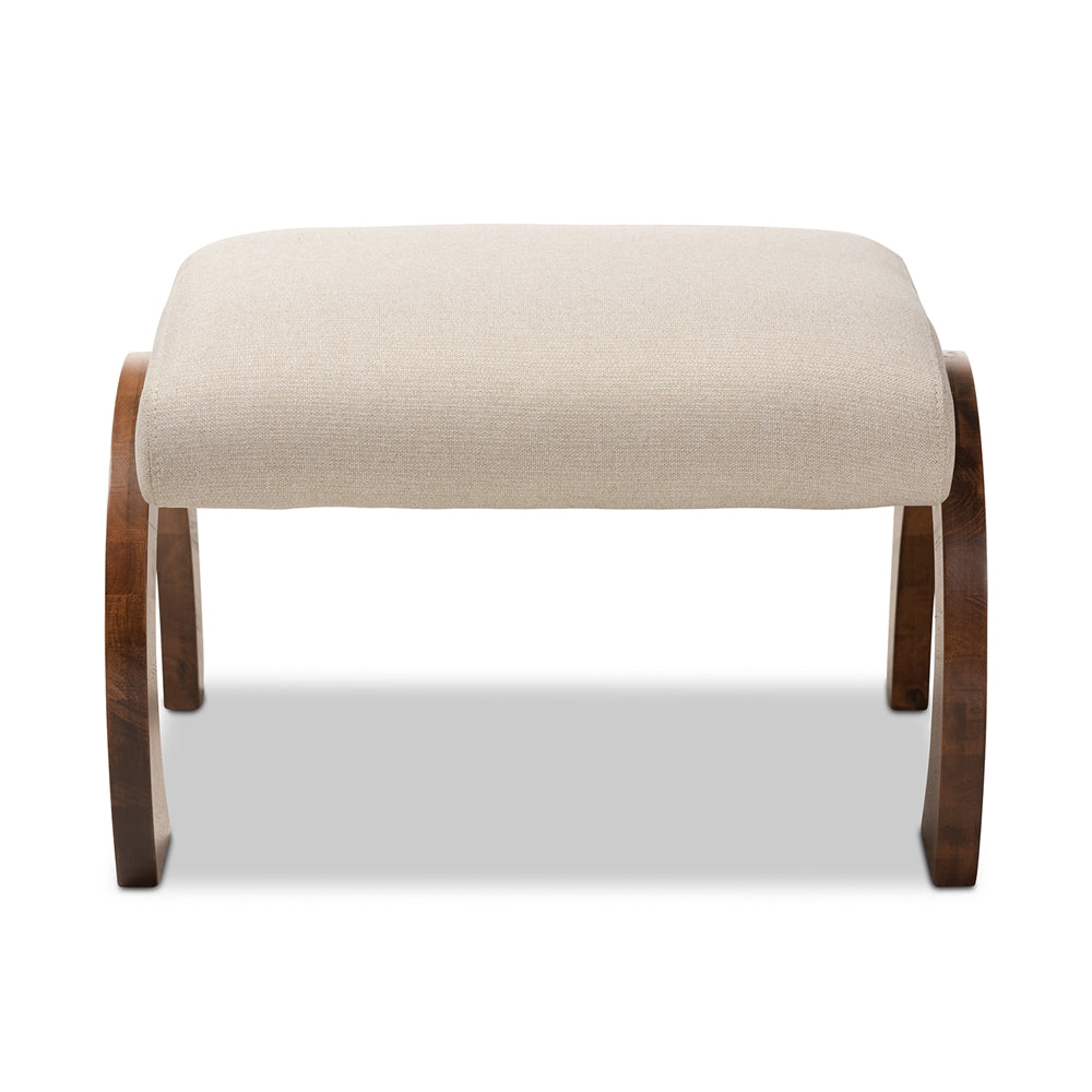 Sandrine Modern and Contemporary Light Beige Fabric Upholstered Walnut Brown Finished Wood Ottoman