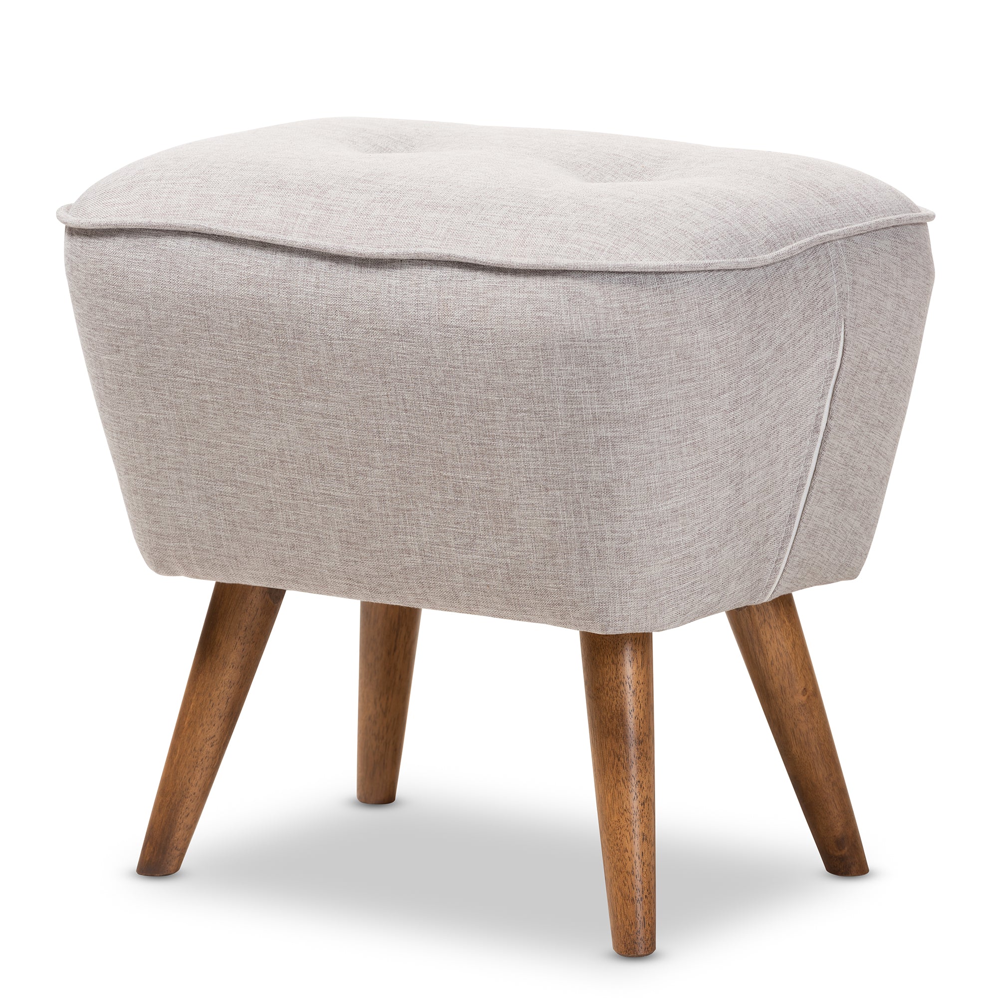 Petronelle Mid-Century Modern Greyish Beige Fabric Upholstered Walnut Brown Finished Wood Ottoman