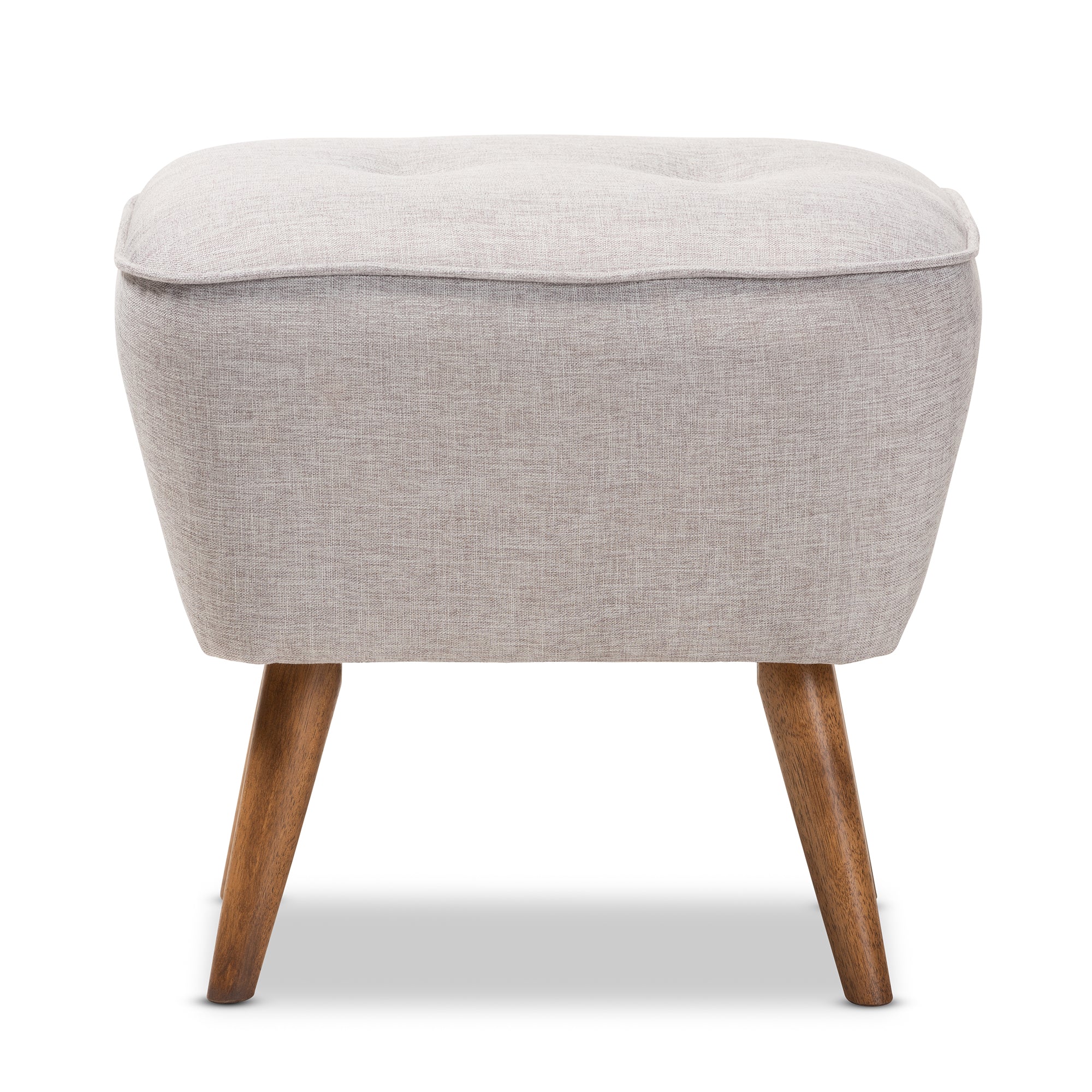 Petronelle Mid-Century Modern Greyish Beige Fabric Upholstered Walnut Brown Finished Wood Ottoman