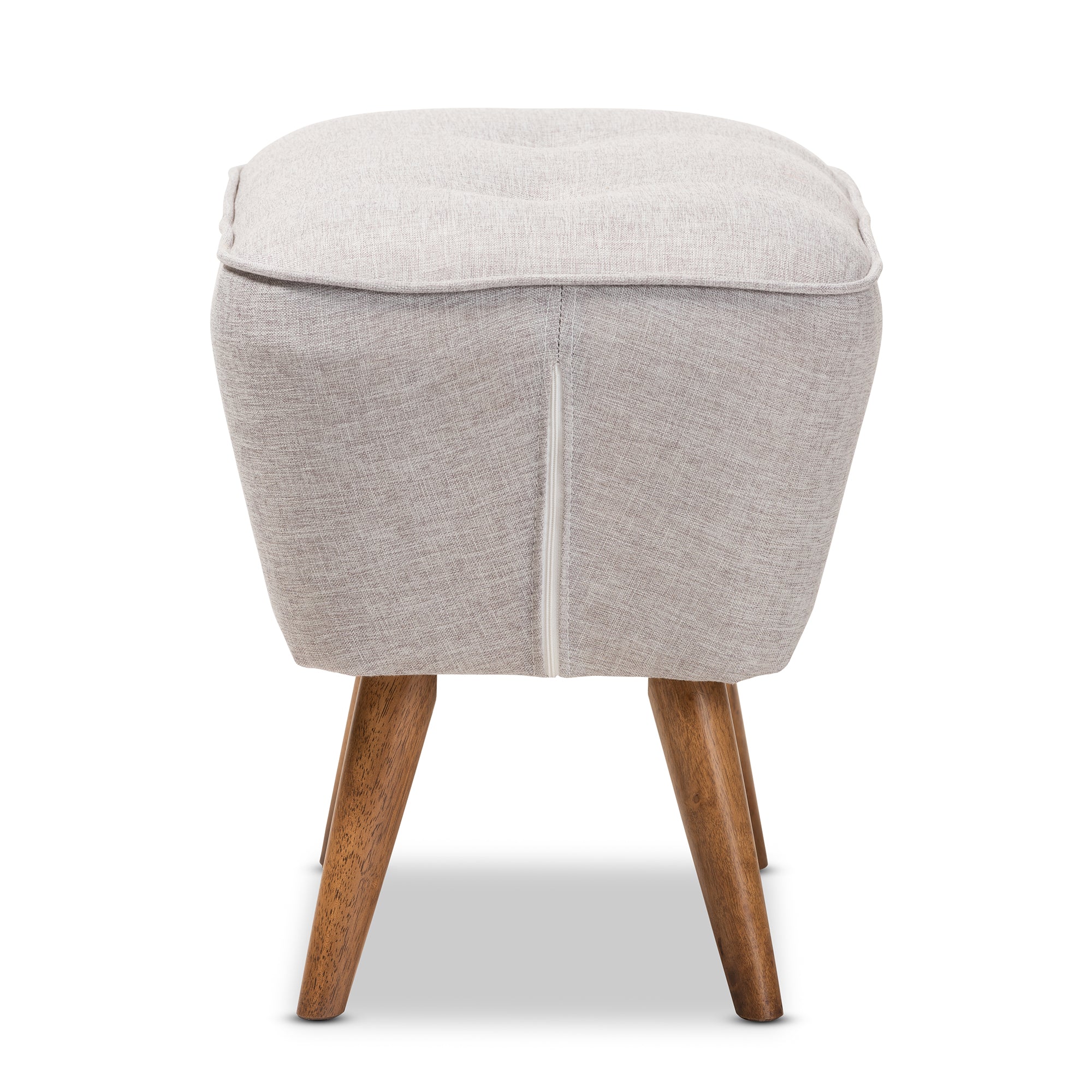Petronelle Mid-Century Modern Greyish Beige Fabric Upholstered Walnut Brown Finished Wood Ottoman