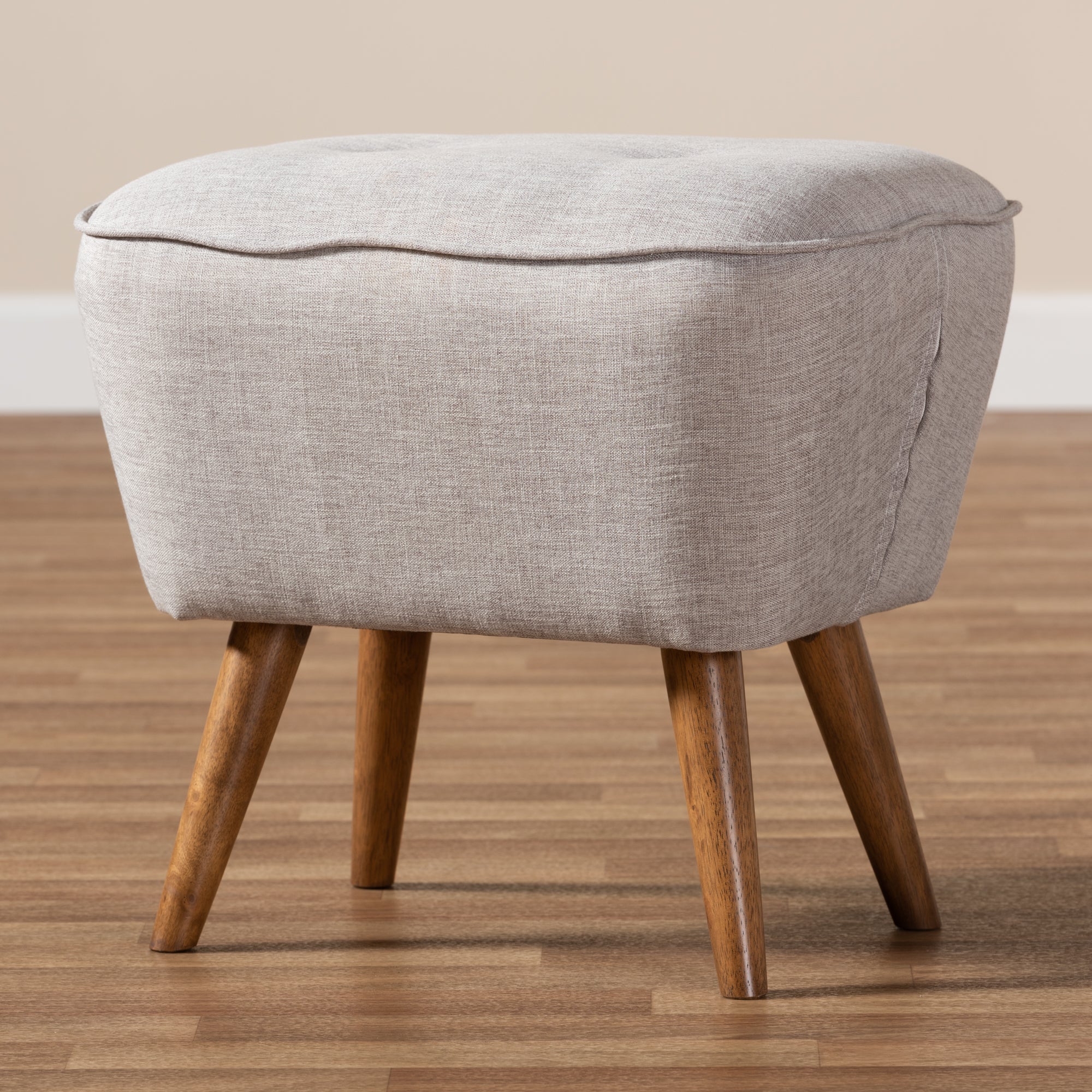 Petronelle Mid-Century Modern Greyish Beige Fabric Upholstered Walnut Brown Finished Wood Ottoman