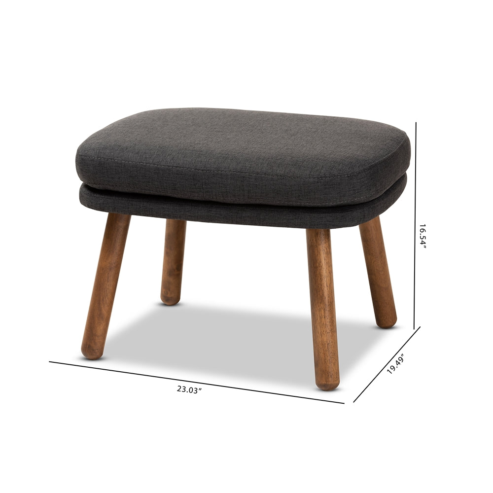 Lovise Mid-Century Modern Dark Grey Fabric Upholstered Walnut Brown Finished Wood Ottoman