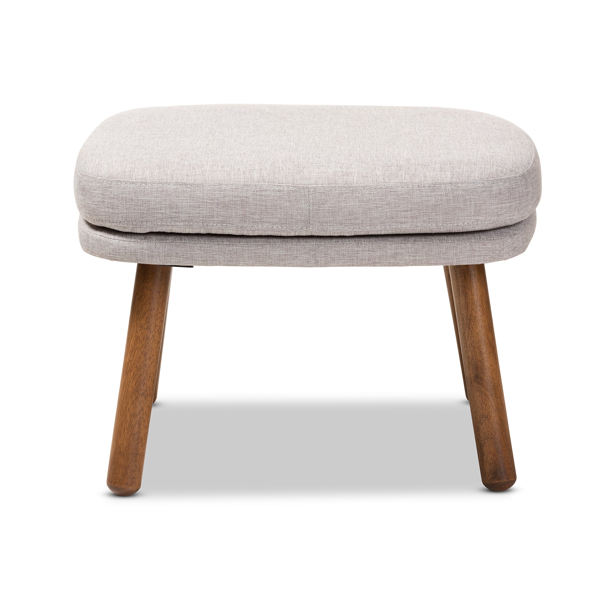 Lovise Mid-Century Modern Greyish Beige Fabric Upholstered Walnut Brown Finished Wood Ottoman