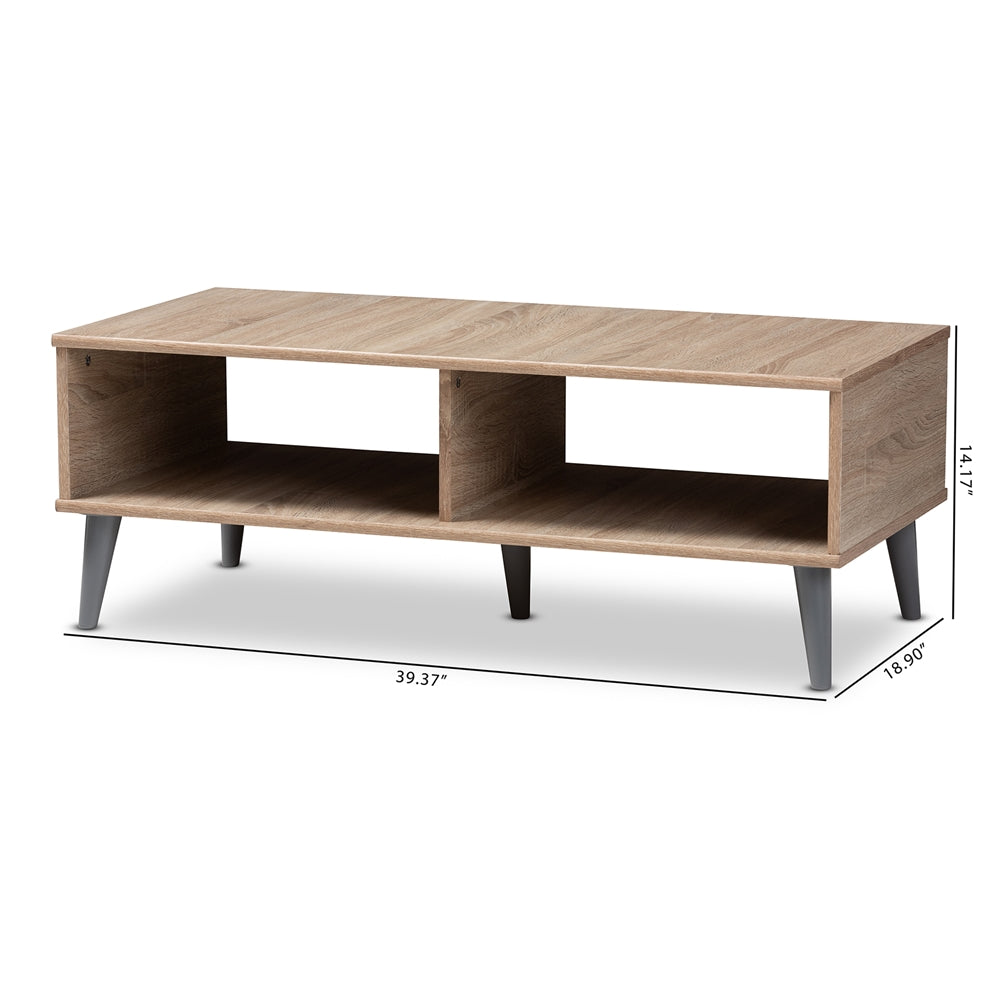 Pierre Mid-Century Modern Oak and Light Grey Finished Wood Coffee Table