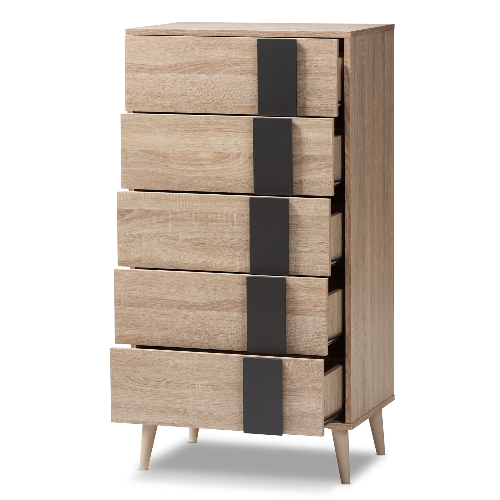 Lisen Mid-Century Modern Light Oak and Grey 5-Drawer Chest