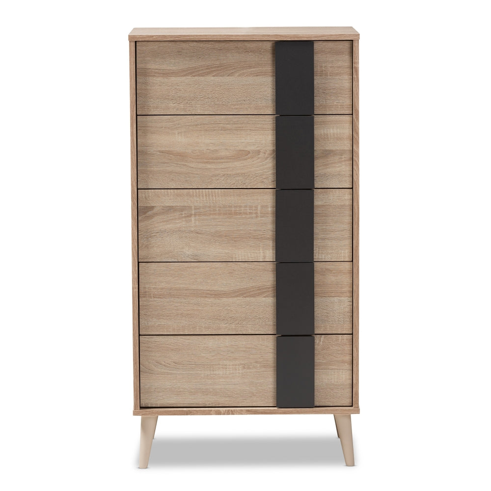 Lisen Mid-Century Modern Light Oak and Grey 5-Drawer Chest